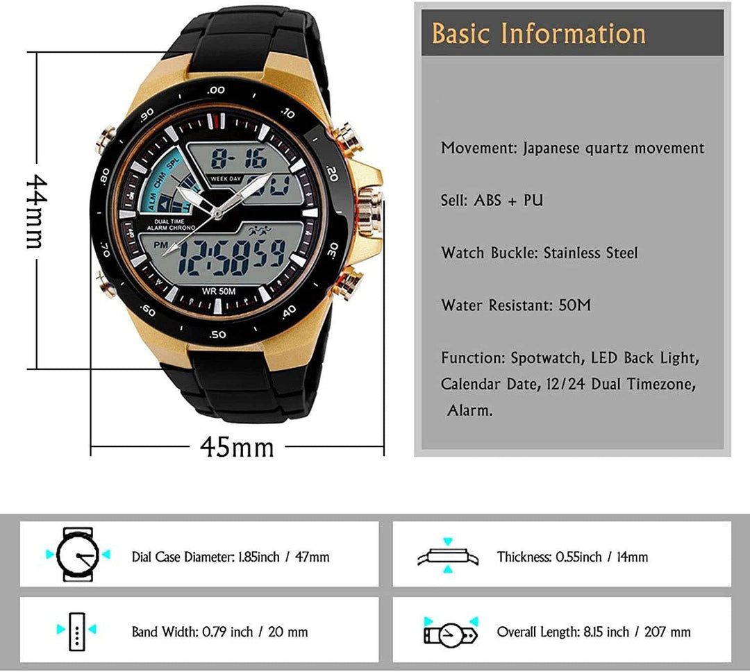 Men&#39;s Analog Digital 50M Waterproof Sports Watch Military Multifunction Stopwatch Alarm Backlight Gold Watch (0_Gold)