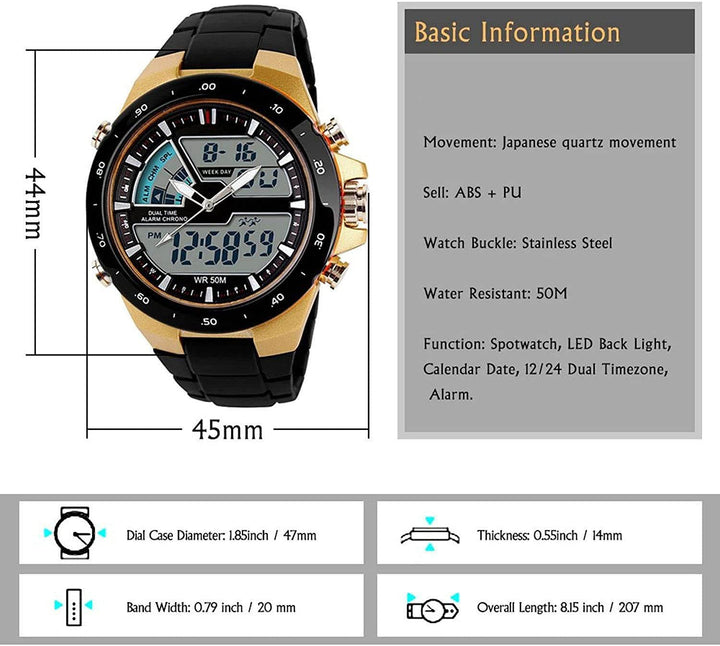Men&#39;s Analog Digital 50M Waterproof Sports Watch Military Multifunction Stopwatch Alarm Backlight Gold Watch (0_Gold)