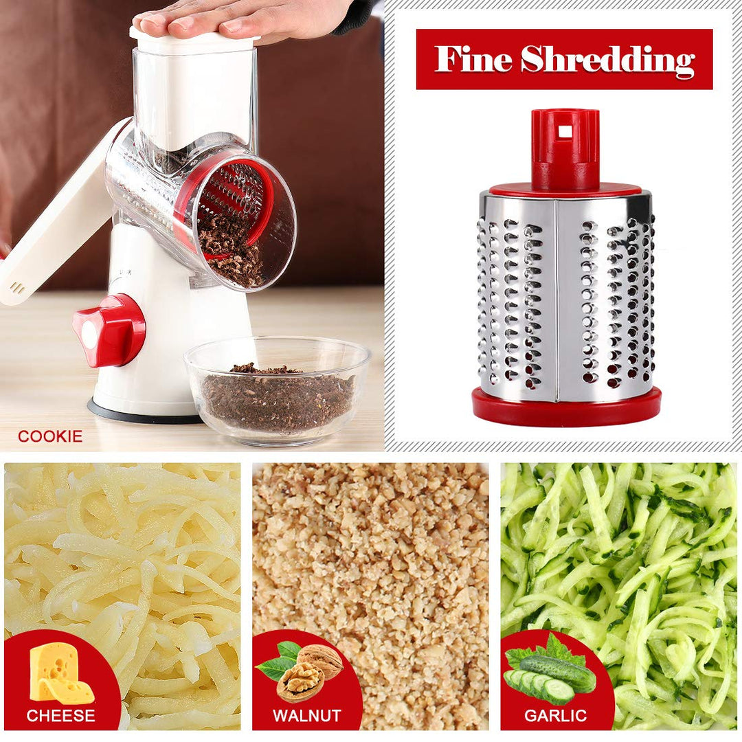 Rotary Cheese Grater Hand Crank, Kitchen Shredder Speed Mandolin Slicer Nuts Grinder with Handle and Drum Blades for Cheese, Vegetable, Chocolate, Potato, Carrot, 3 Blades, White Red