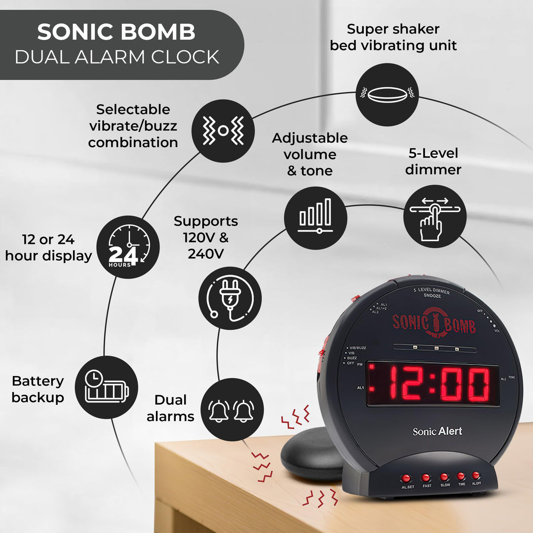 Sonic Bomb Dual Extra Loud Alarm Clock with Bed Shaker, Black | Vibrating, Heavy Sleepers, Battery Backup | Wake with a Shake