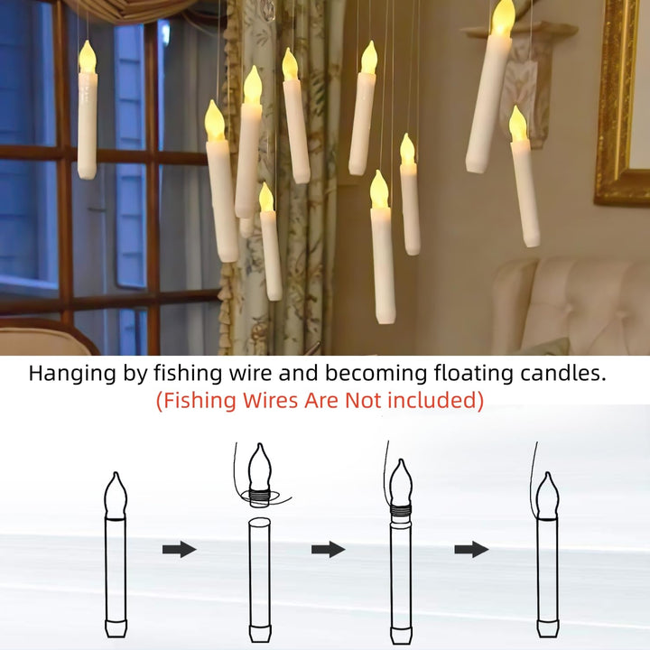 Hanging Floating Candles, NO Remote, 6.5 Inches Battery Operated Candlesticks, Flickering Flameless Taper Candles, 12 Pcs Dripless LED Handheld Candles Lights for Church Wedding Halloween