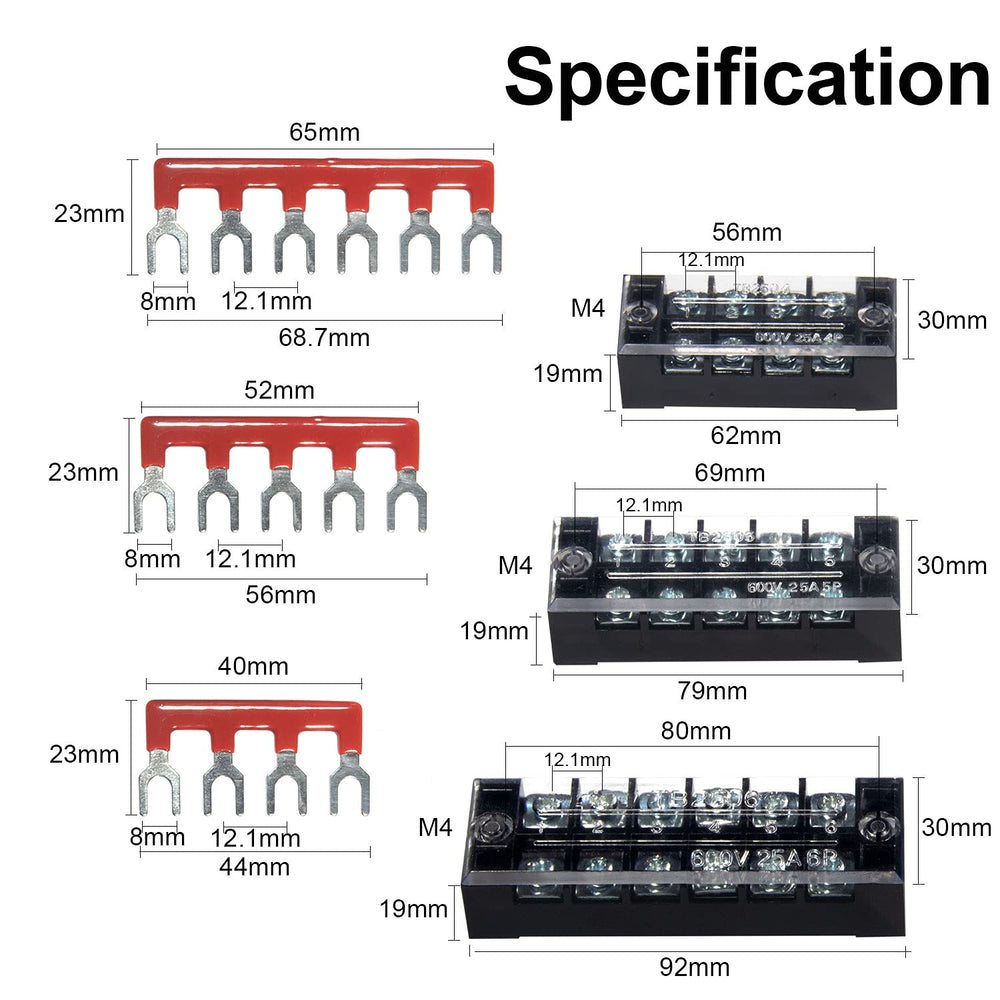 Terminal Block and Strip - 6 Sets 4/5/6 Positions 600V 25A Dual Row Wire Screw Terminal Strip Block with Cover + 400V 25A Pre-Insulated Terminals Barrier Strips Jumpers (Black & Red)
