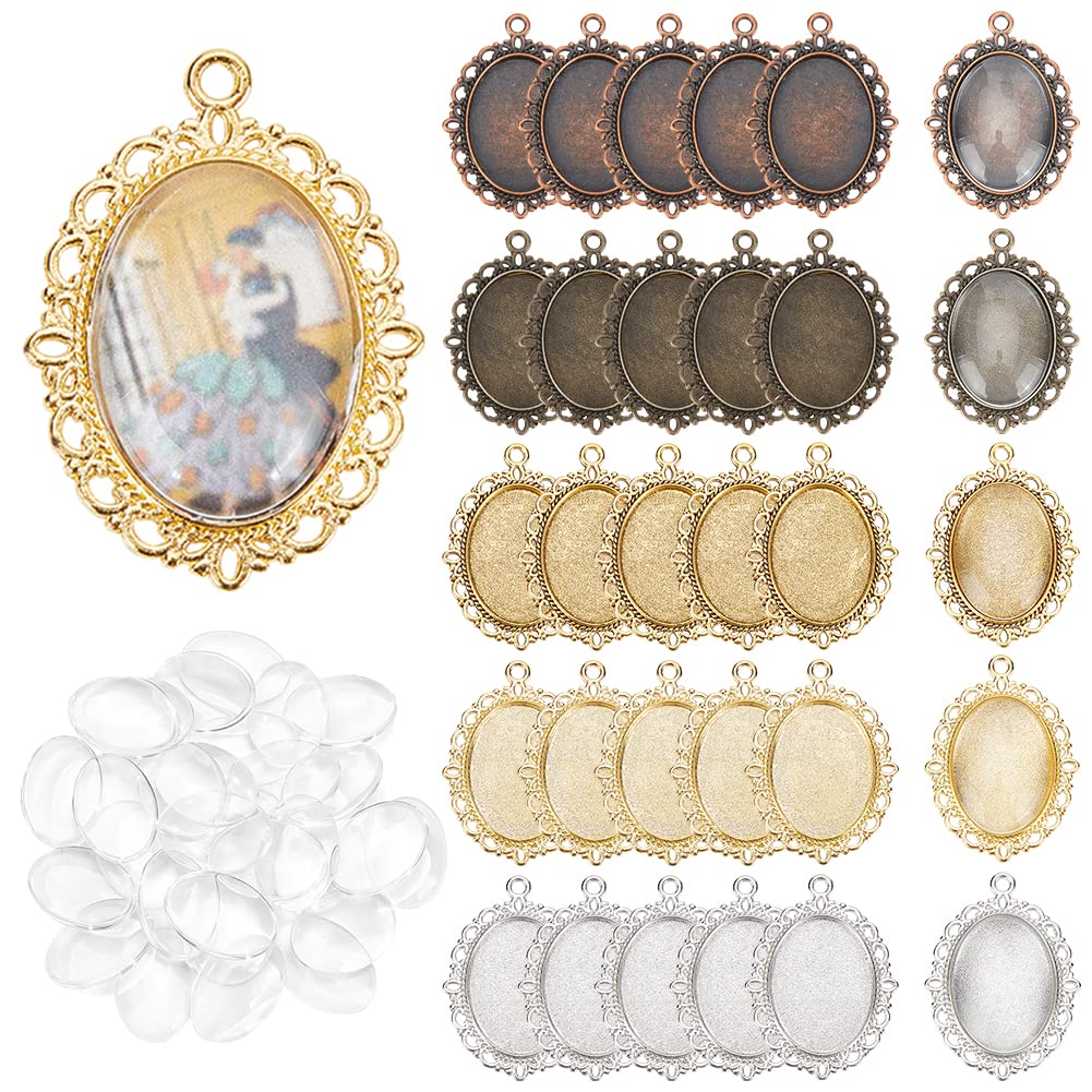 60pcs Pendant Tray Kit, 30pcs 5 Color Oval Pendant Blank Bezel, 30pcs 25 x 18mm Glass Cabochon Dome Tiles Clear Cameo Memorial Photo Pendant for Wedding Bouquet Graduation Photo Charm
