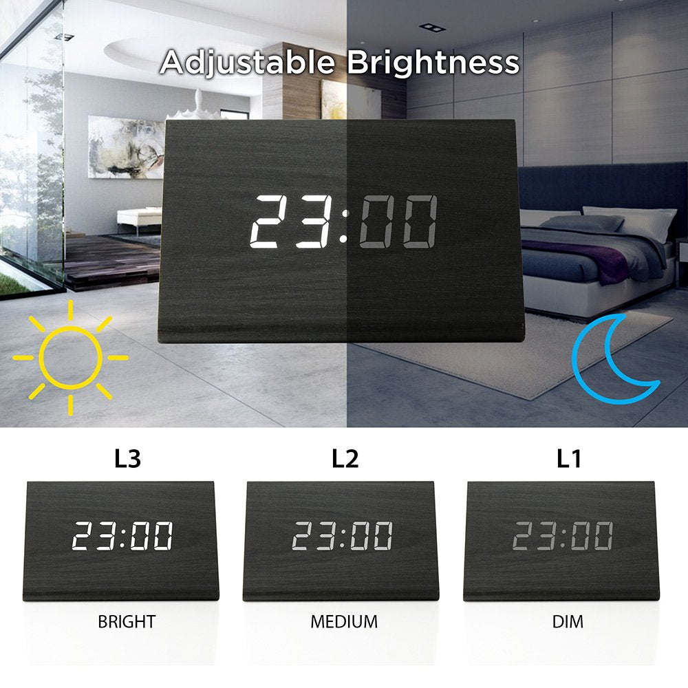 Wooden Wood Clock, New Version LED Alarm Digital Desk Clock Adjustable Brightness, Alarm Time, Displays Time Date Temperature - Black