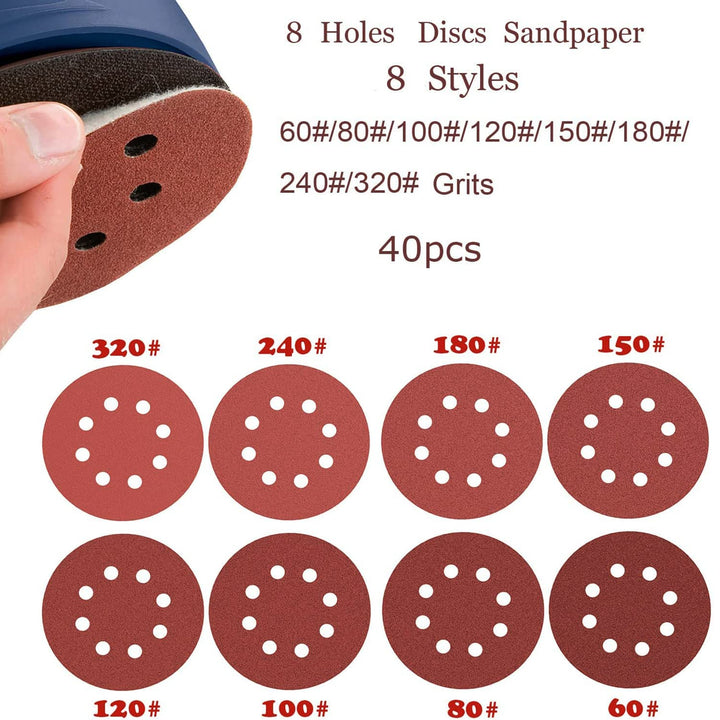 40 Pcs 5 Inch Sanding Discs Sandpaper 8 Hole Hook for R