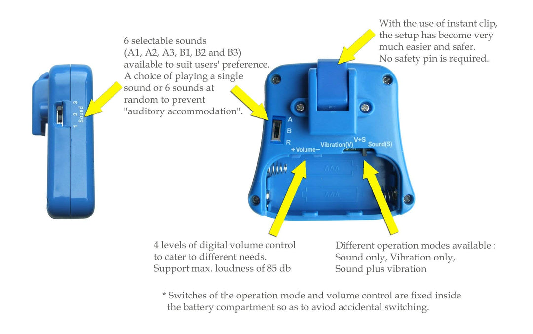 Bedwetting Alarm with Volume Control, 6 Selectable Sounds and Vibration