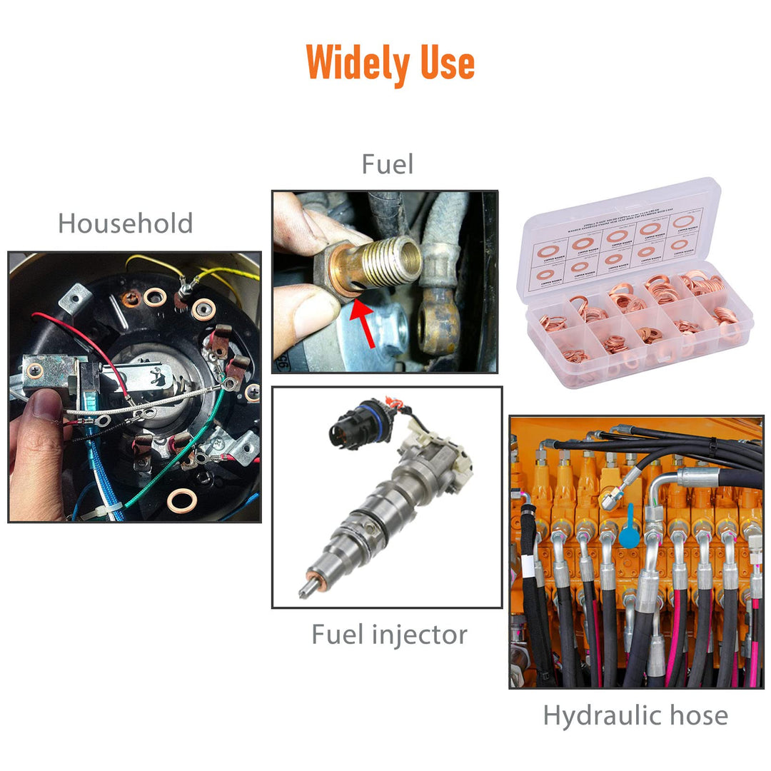 200pcs Copper Crush Metric Washers Assortment Kit Flat Sealing Washer M5 M6 M8 M10 M12 M14 (9 Sizes)