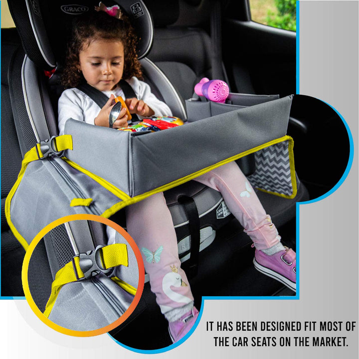Kids Travel Tray - Car Seat Tray - Travel Lap Desk Accessory for Your Child's Rides and Flights - it's a Collapsible Organizer that Keeps Children Entertained Holding Their Toys (Yellow)