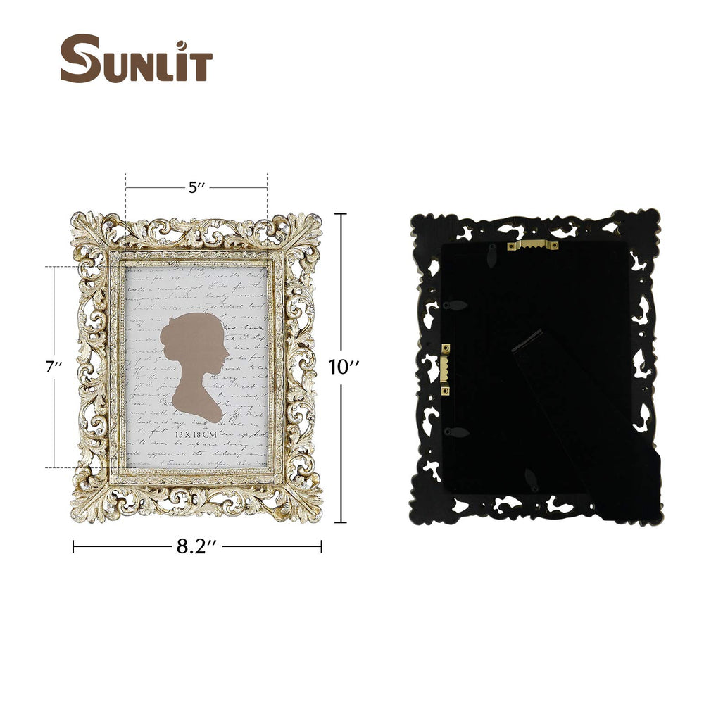 Vintage Picture Frame 5x7 Inch, Luxury Antique Photo Frames with Glass Front, Photo Display, Tabletop Wall Hanging, Gift Ideas, Antique Gold Silver