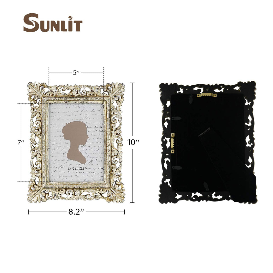 Vintage Picture Frame 5x7 Inch, Luxury Antique Photo Frames with Glass Front, Photo Display, Tabletop Wall Hanging, Gift Ideas, Antique Gold Silver