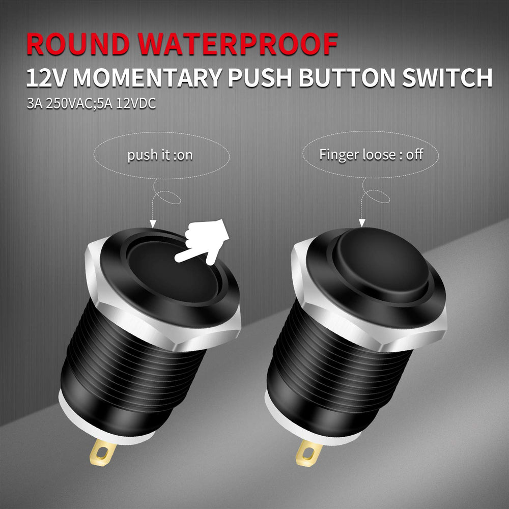 DaierTek 6pcs 12V Momentary Push Button Switch Waterproof Black Metal 12mm 1/2'' Small Round Power Pushbutton 2 Pin Push ON