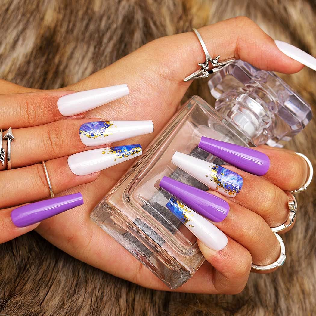 Glossy Extra Long Press on Nails Rainbow Square Coffin Fake Nails Watercolor Geometric Art Acrylic False Nails Tips for Women and Girls (Purple)