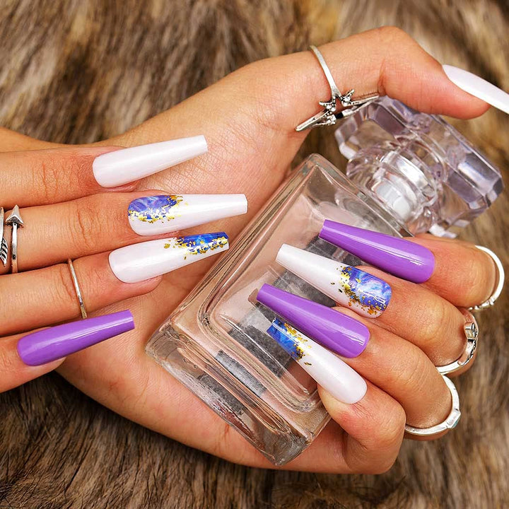 Glossy Extra Long Press on Nails Rainbow Square Coffin Fake Nails Watercolor Geometric Art Acrylic False Nails Tips for Women and Girls (Purple)