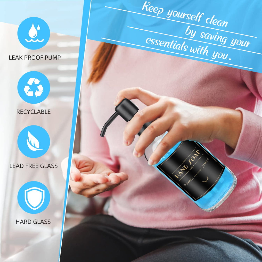 2 Pack Glass Soap Dispenser - Clear Dish Soap Dispenser for Kitchen, Refillable Liquid Hand Soap Dispenser with Rust Proof Stainless Steel Pump for Bathroom, Countertop, Black Pump,17Oz/ 500 ML
