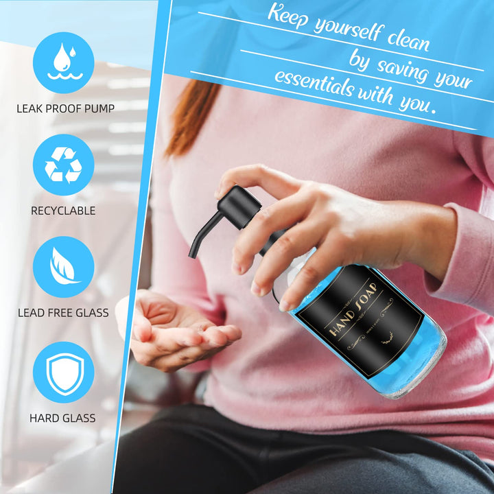 2 Pack Glass Soap Dispenser - Clear Dish Soap Dispenser for Kitchen, Refillable Liquid Hand Soap Dispenser with Rust Proof Stainless Steel Pump for Bathroom, Countertop, Black Pump,17Oz/ 500 ML