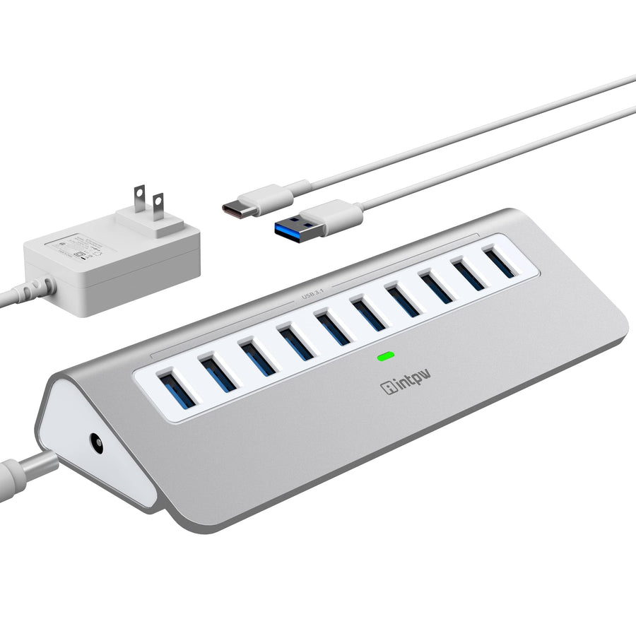 Powered USB Hub, 10 Port USB 3.1 Hub with 10Gbps Data Transfer, 30W(12V/2.5A) Power Adapter, USB Type A and Type C Cable, Aluminum USB Power Hub for Laptop, MacBook and Desktop Computer