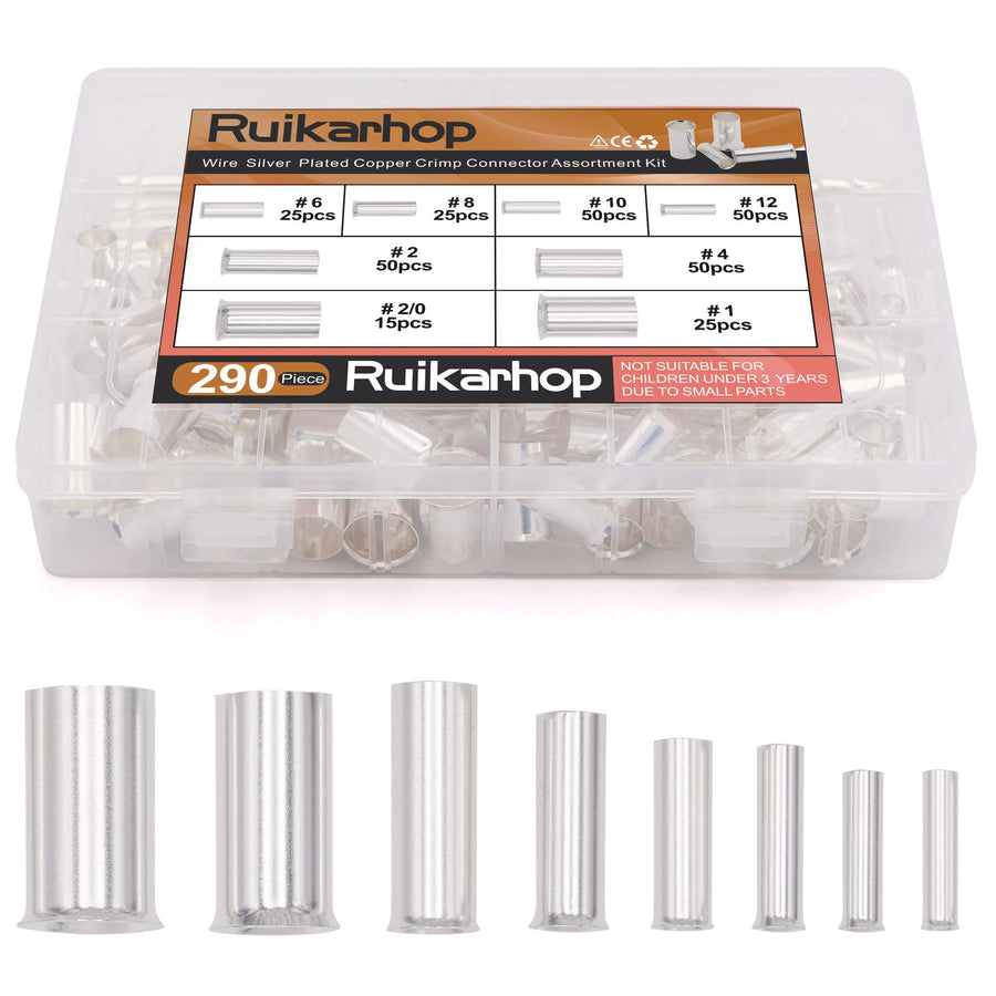 290PCS (AWG 12 10 8 6 4 2 1 2/0) 2/0-12 Gauge Wire Ferrules Kits Silver Plated Copper Crimp Connector Non Insulated Ferrules Pin Cord End Terminal
