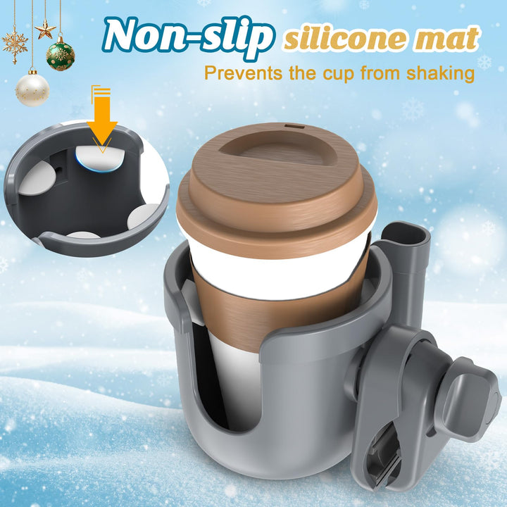 Guiseapue Stroller Cup Holder with Phone Holder, Bottle Holder for Wheelchair, Walker, Bike, Stroller Accessories for Uppababy, Nuna, Doona Stroller, Gifts for Her, Him, Kids (Grey)