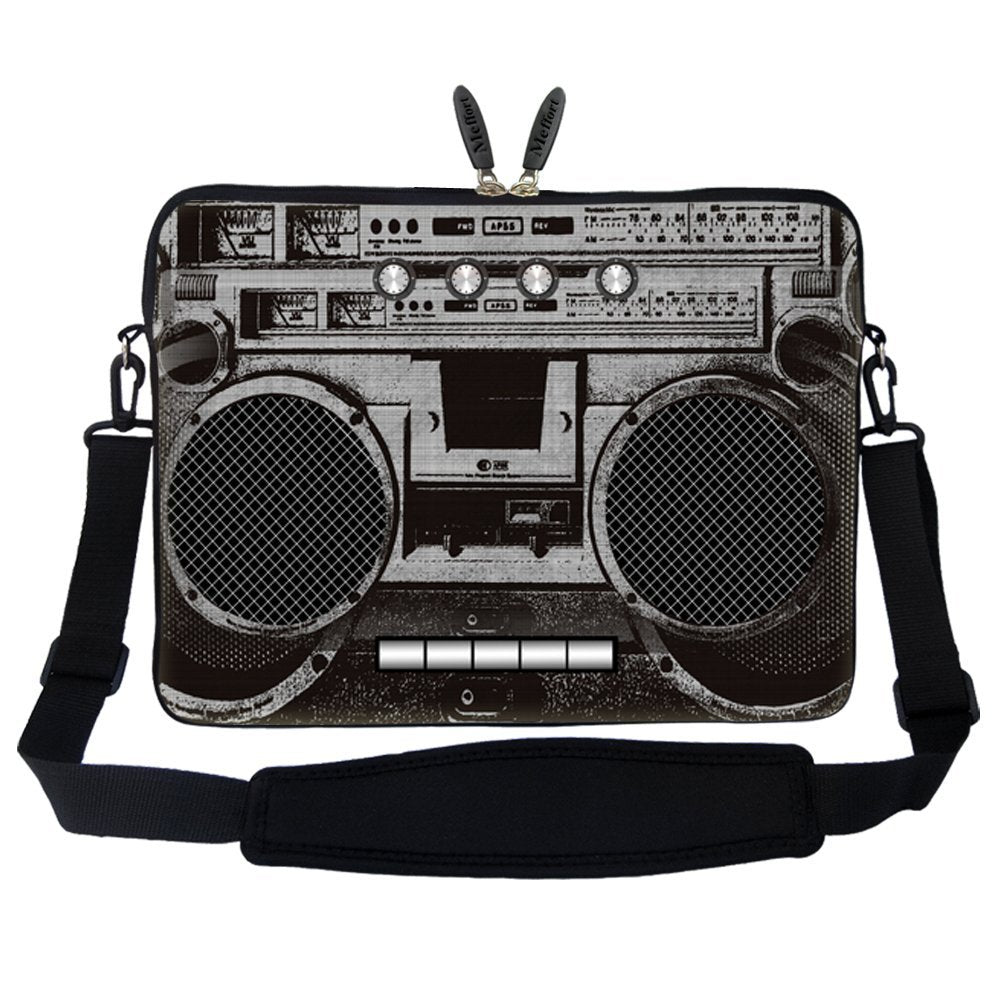 15 15.6 inch Neoprene Laptop Sleeve Bag Carrying Case with Hidden Handle and Adjustable Shoulder Strap - Cassette Player Design
