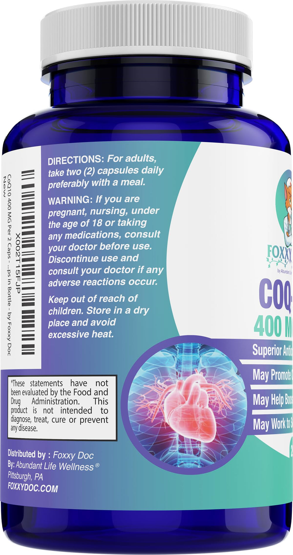 CoQ10 400 MG Per 2 Caps - Ubiquinone - Excellent Value - Heart, Brain & Cellular Supplement - Energy Support - 200 Vegetable Caps in Bottle - by Foxxy Doc