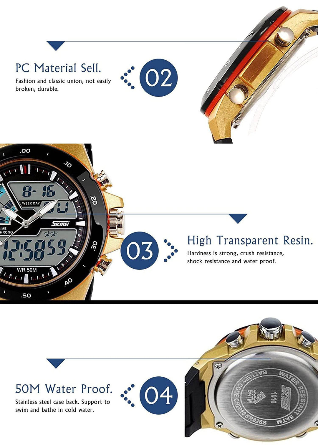 Men&#39;s Analog Digital 50M Waterproof Sports Watch Military Multifunction Stopwatch Alarm Backlight Gold Watch (0_Gold)
