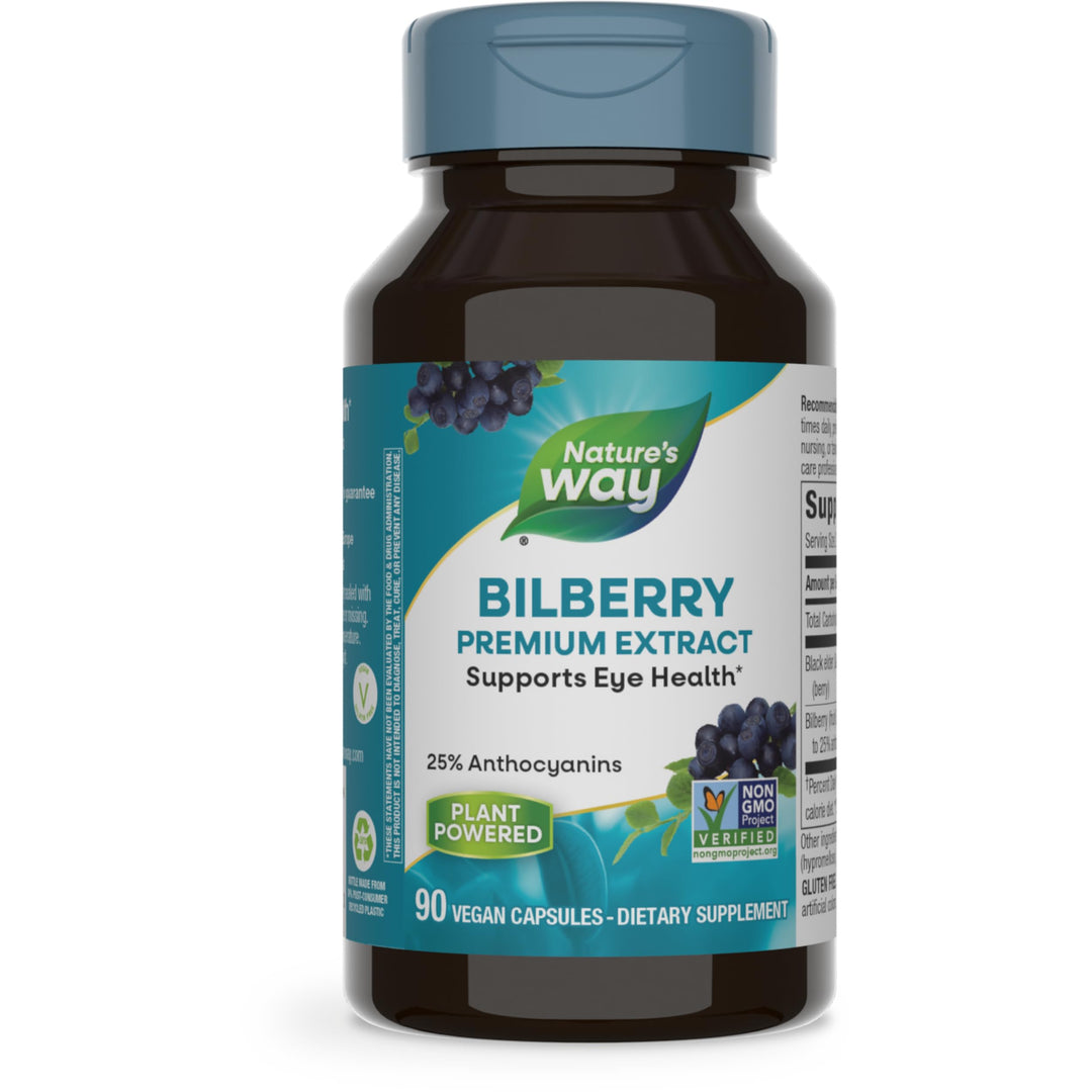 Nature&#39;s Way Bilberry Premium Extract, Supports Eye Health*, Eye Health Supplement for Adults with Black Elderberry*, Gluten Free, Vegan, 90 Capsules (Packaging May Vary)