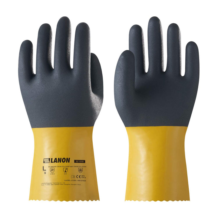 LANON PVC Chemical Gloves, Thick Rubber Work Gloves, Heavy-Duty, EN 374/388, Acid, Alkali and Oil, Non-Slip, Large