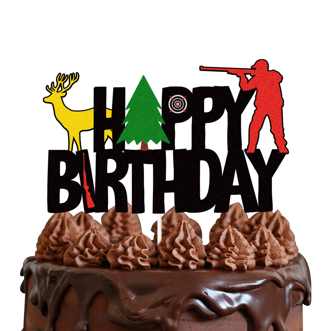 Colorful Glitter Hunting Theme Happy Birthday Cake Topper,Gone Hunting Hunter Camping Themed Cake Decor,Kids Boy Girl Men Happy Birthday Party Supplies