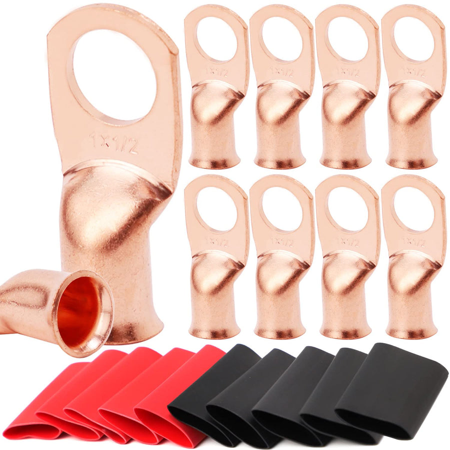 10pcs 1 AWG-1/2 Battery Lugs,Copper Wire Lugs,Heavy Duty Battery Cable Ends,Tubular Ring Terminals,AWG Crimp Wire Ring Lugs,Battery Terminal Connectors with 3:1 Heat Shrink Tubing