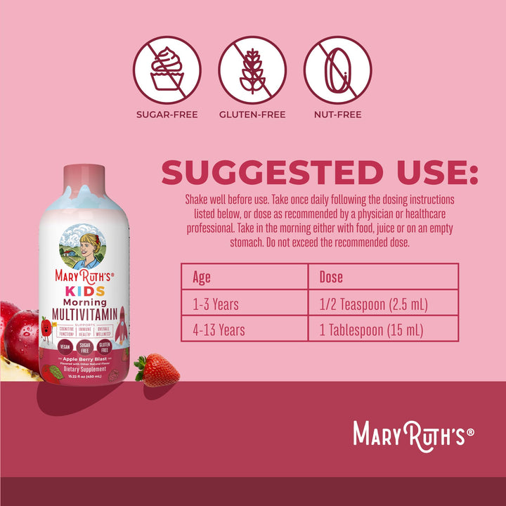 MaryRuth&#39;s Kids Liquid Morning Multivitamin | Kids Multivitamin | Immune Support | Vitamin C &amp; D | Kids Vitamins | Kids Vitamins multivitamin | Vegan | 30-180 Servings | 15.22 fl oz