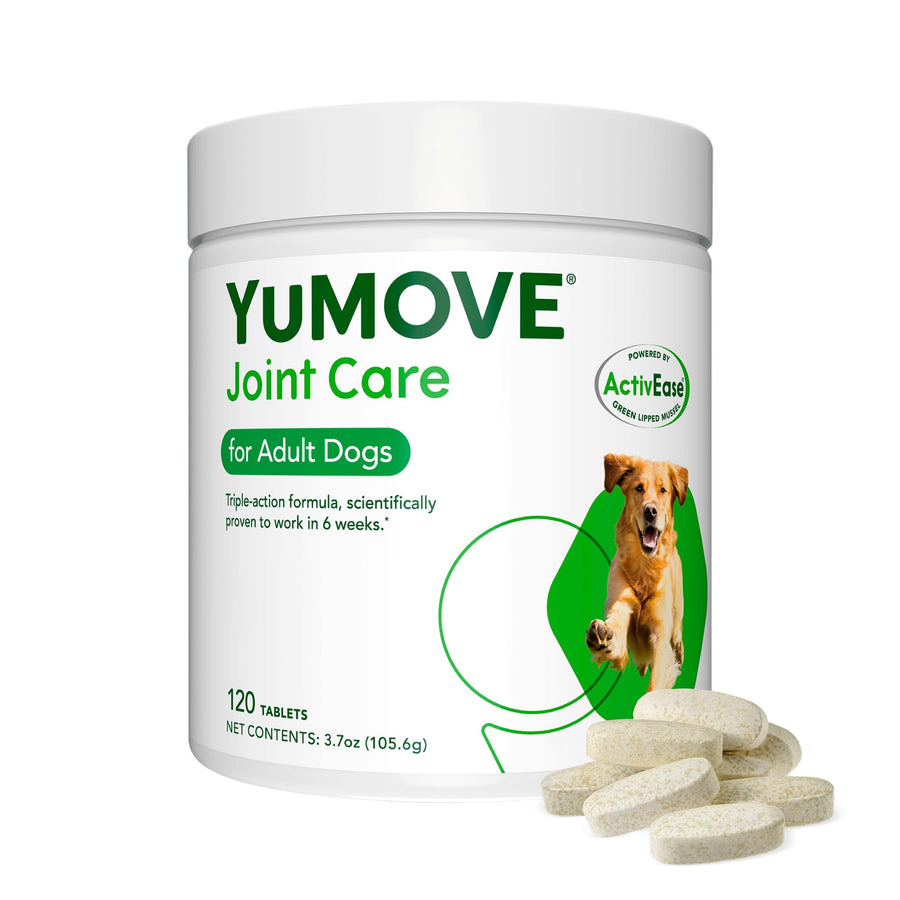 YuMOVE Adult Dog Tablets | Hip and Joint Supplement for Dogs with Glucosamine, Chondroitin, Hyaluronic Acid, Green Lipped Mussel | Dogs Aged 6 to 8 | 120 Count Tablets, Treat Colored