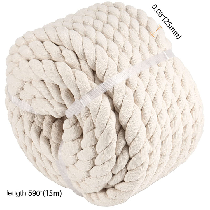 1 Inch x 50 Feet Natural Twisted Cotton Rope, Natural Thick Soft Rope, Cotton Craft Rope for Sports Tug of War, Outdoor Sports, Wedding, Home Decoration, Beige