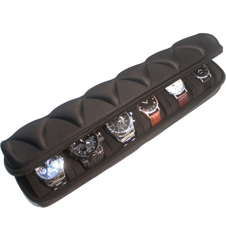 Watch roll travel case organizer for 6 watches, Storage Organizer and Display with innovative watch pillow, fit large up to 60mm faced watches (Black, 6 Slot)