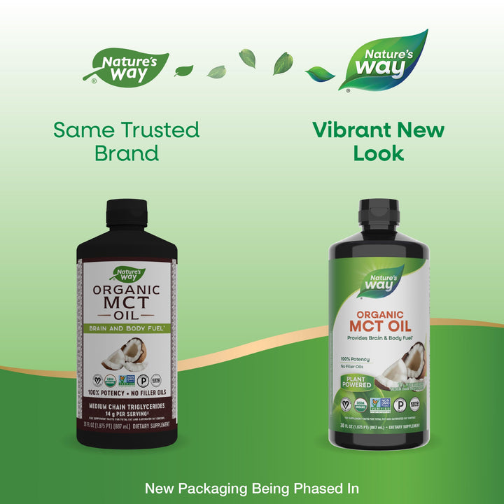 Nature&#39;s Way Organic MCT Oil, 30 Fl Oz, Brain and Body Fuel from Coconuts*, C8 Caprylic Acid and C10 Capric Acid, Keto and Paleo Certified, Organic, Non-GMO Project Verified (Packaging May Vary)