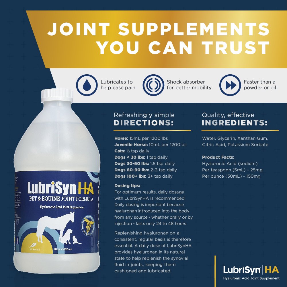 LubriSynHA Hyaluronic Acid Pet &amp; Equine Joint Formula 64oz - All-Natural, High-Molecular Weight Liquid Hyaluronan - Joint Support for Horses, Dogs, Cats - Promotes Healthy Joint Function, Made in USA