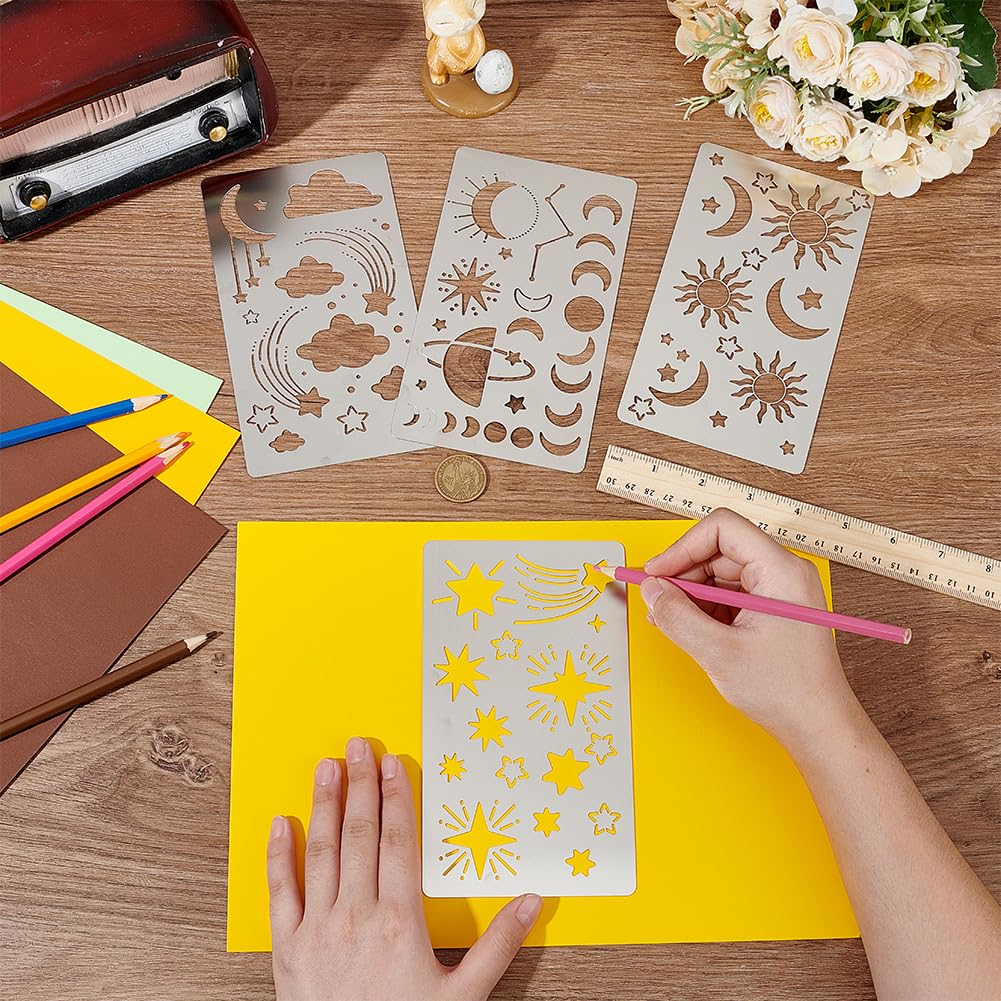4 Pcs Universe Space Theme Metal Stencils Template, (Sun, Moon, Stars, Clouds)Stainless Steel Drawing Painting Stencils for Scrapbooking DIY Etched Dies Decoration Supplies