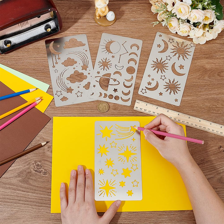 4 Pcs Universe Space Theme Metal Stencils Template, (Sun, Moon, Stars, Clouds)Stainless Steel Drawing Painting Stencils for Scrapbooking DIY Etched Dies Decoration Supplies