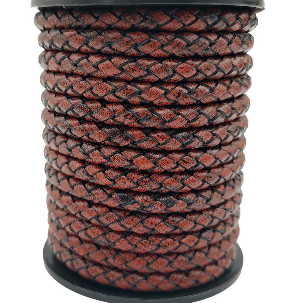 3 Yards Braided Leather Strap 5mm Round Regenerated Leather Cord for Bracelet Making Antique Red Brown