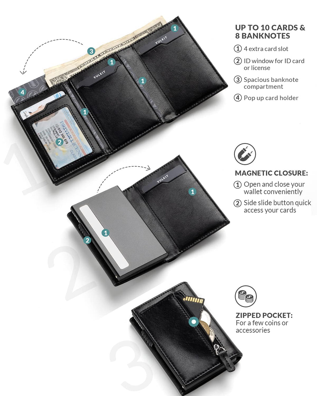Card Holder Wallet with Coin Pocket Magnetic Closure Pop Up Cards With ID Window Leather Wallet for Cash &amp; Credit Cards, Black