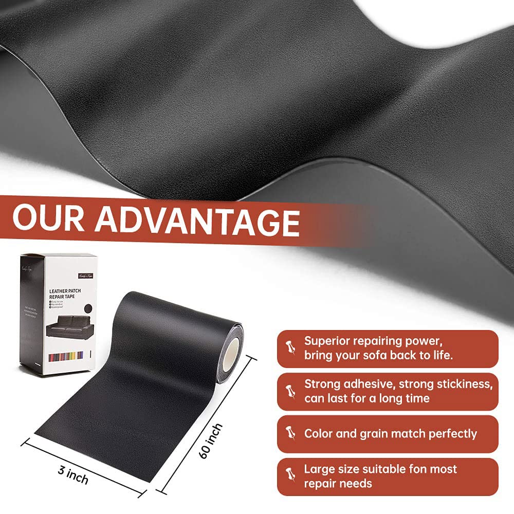 Cindy&#39;s Tape Leather Repair Patch Tape Kit Black 3 x 60 inch Self Adhesive Leather Repair Patch for Furniture, Couch, Sofa, Car Seats,Office Chair,Vinyl Repair Kit