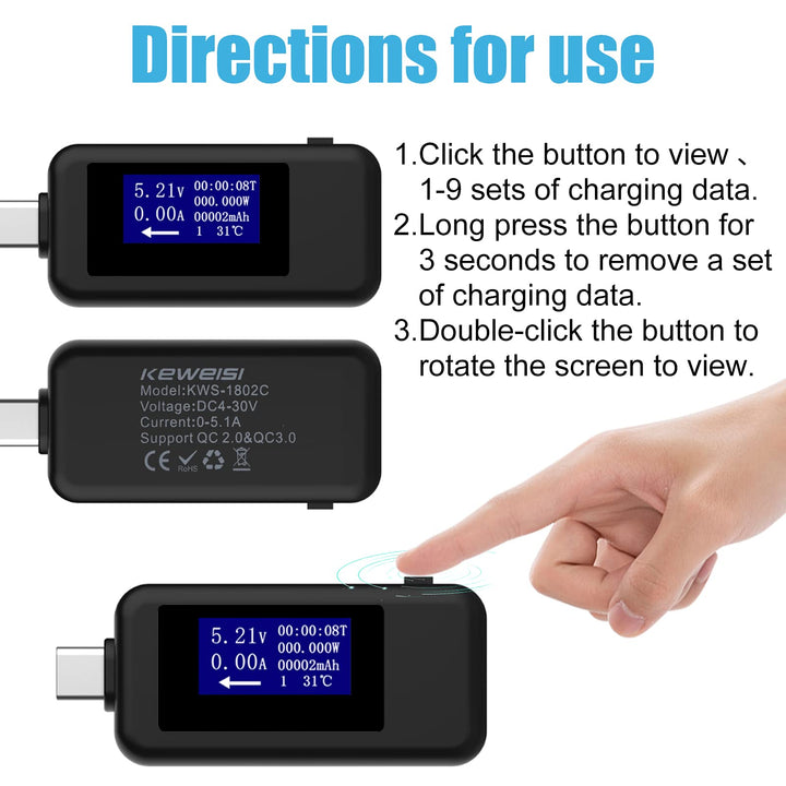 USB C Power Meter Tester Type C USB Tester, USB C Digital Multimeter 0-5.1A 4-30V LCD Display Volt and Amp Meter for USB-C Cables, Laptops, Phones, Chargers - QC 2.0 &amp; QC 3.0