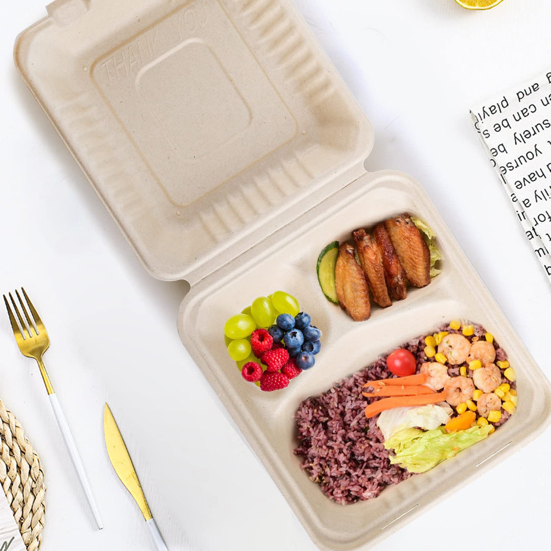 90 Pack Clamshell Take Out Food Containers (8 x 8, 3-Compartment), Compostable Heavy-Duty to Go Containers, Natural Disposable Bagasse Containers, Made of Sugar Cane Fibers