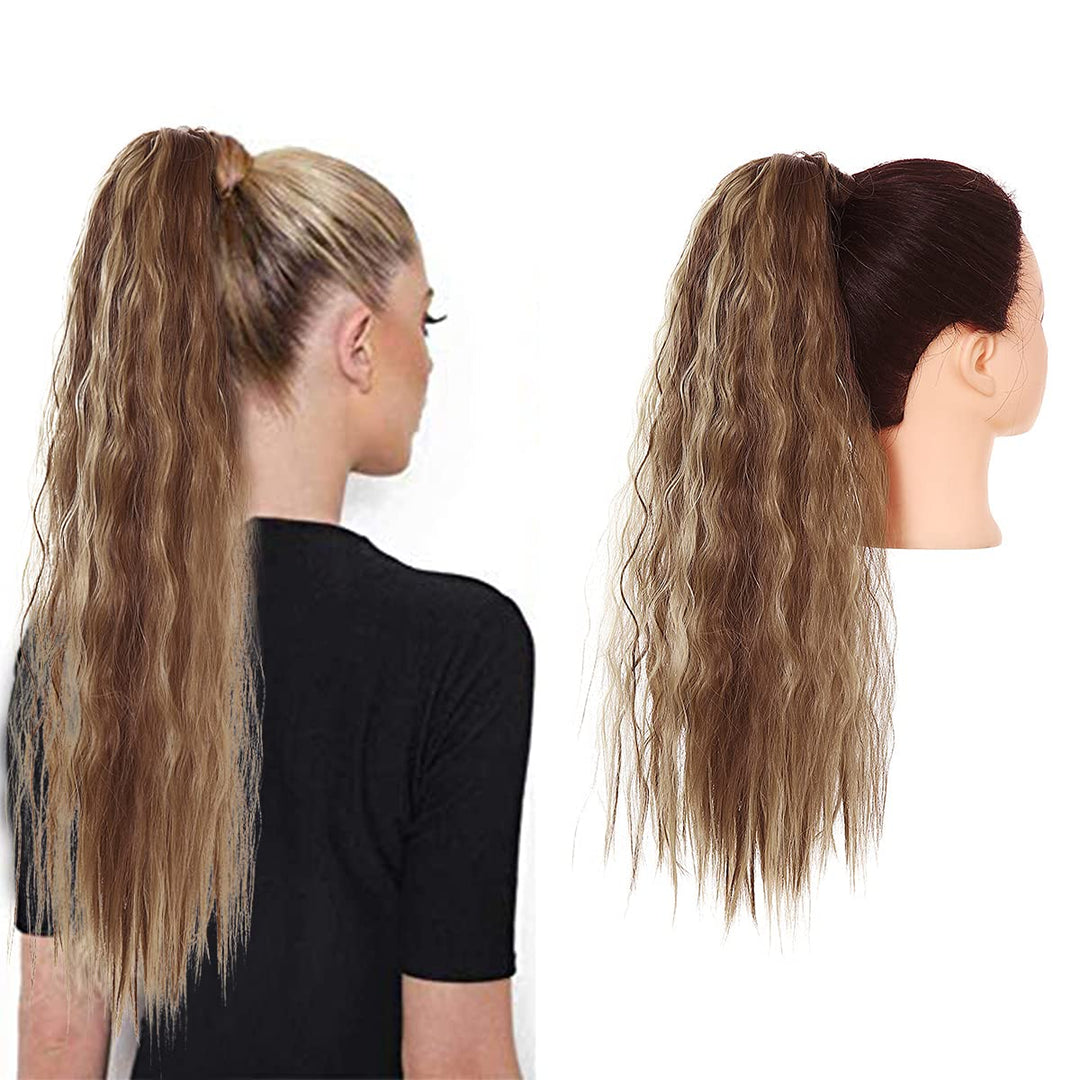 Fake Ponytail Hair Extension Curly Wavy Synthetic Wrap Around Pony Tail Hairpiece 22 Inch Long for Women Brown with Ash Blonde Highlight