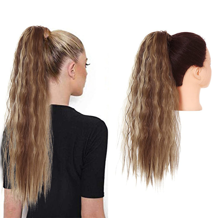 Fake Ponytail Hair Extension Curly Wavy Synthetic Wrap Around Pony Tail Hairpiece 22 Inch Long for Women Brown with Ash Blonde Highlight