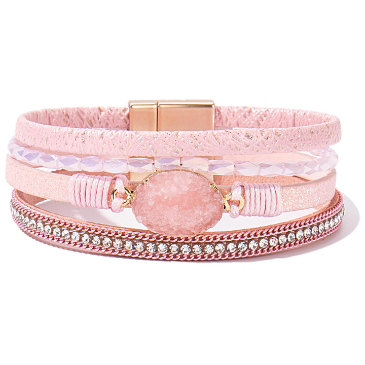 Boho Leather Wrap Bracelets Bohemian Crystal Bracelets Trendy Layered Bracelet with Magnetic Clasp Stackable Jewelry for Women (7.7, Pink)