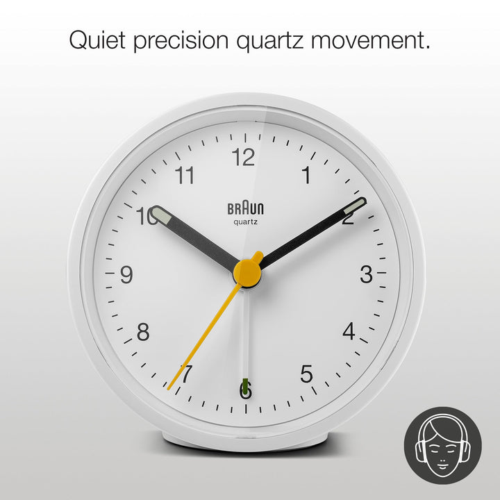 Braun Classic Analogue Alarm Clock with Snooze and Light, Quiet Quartz Movement, Crescendo Beep Alarm in White, Model BC12W.