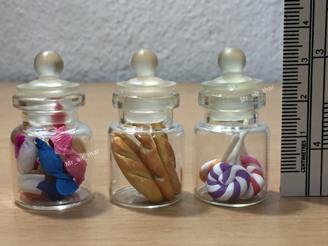 3pc Miniature Cake Food Candy Cookie Dollhouse Bread in Clear Glass Mini Bottle fruit Food #MF014