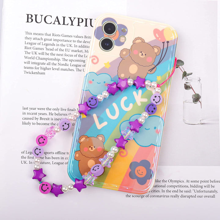 Phone Charm Lanyard, 1Pcs Smiley Face Beaded Phone Charm Strap Colorful Star Smiley Soft Ceramic Keychain for Women Girls (Purple)