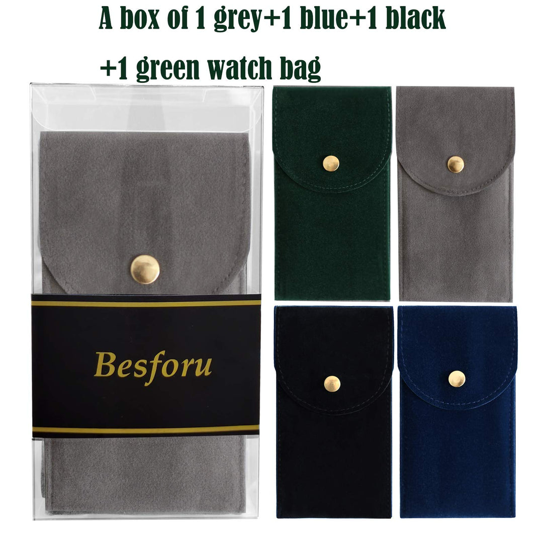 4 PCS Watch Travel Case for Men and Women Portable Velvet Watch Pouch Watch Storage Bag and Organizer (1BLACK+1GREEN+1BLUE+1GRAY)