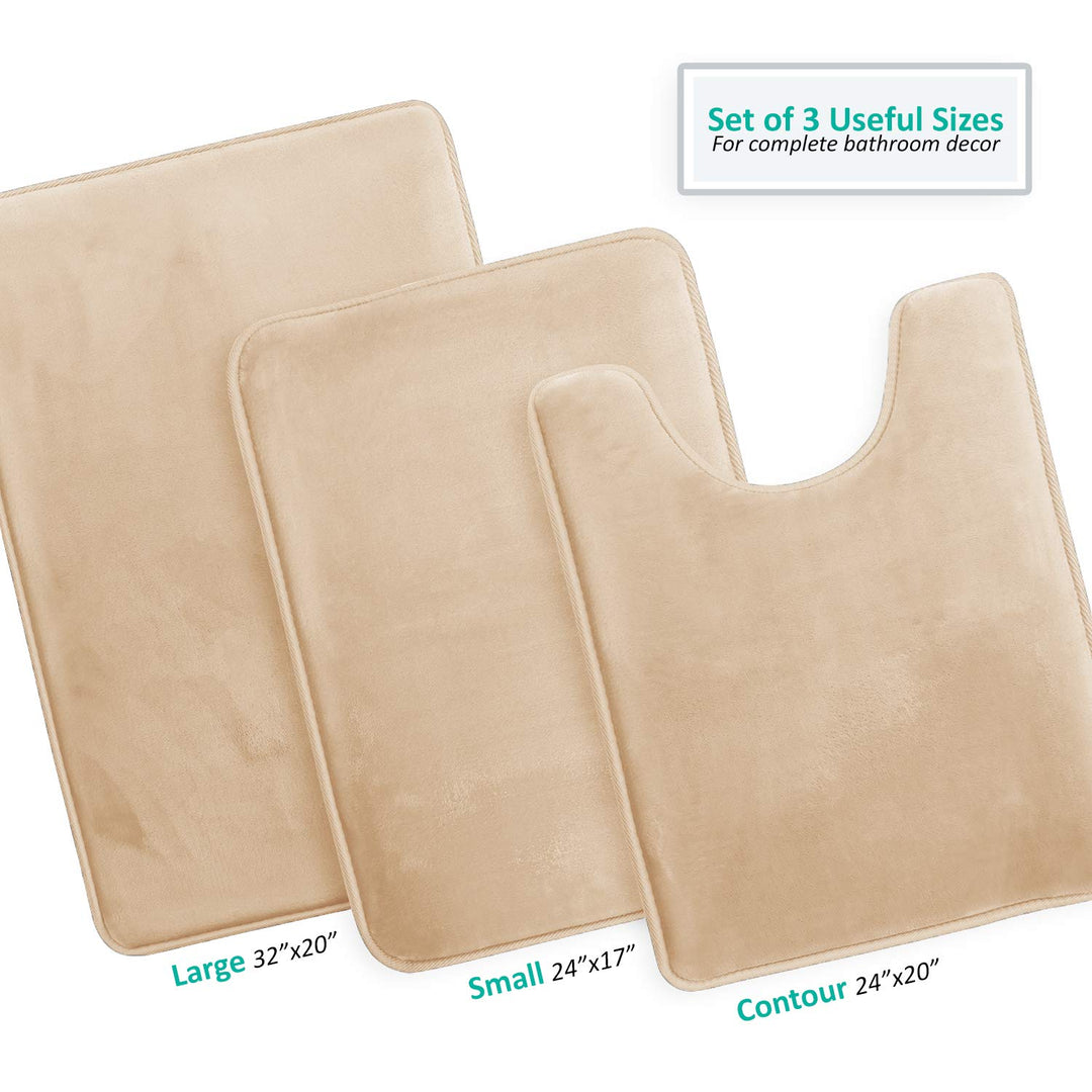 3 Piece Bathroom Rugs Bath Mat Set, Velvet Memory Foam Bath Mats for Bathroom - Non-Slip, PVC Backing Bath Rugs, Washable Bathroom Rug Mats - Dries Quickly, Beige Bathroom Rug Set